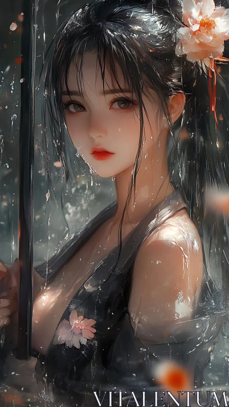 Rain-kissed lotus maiden beneath a glistening twilight downpour.