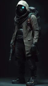 Hooded sci fi operative stands armed in tactical exosuit