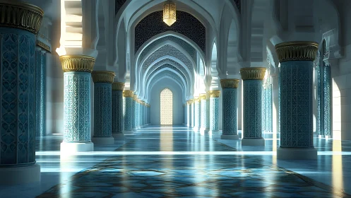 Sunlit marble colonnade welcomes quiet moments of reflection