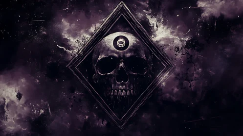 Dark skull emblem with central eye in violet haze.