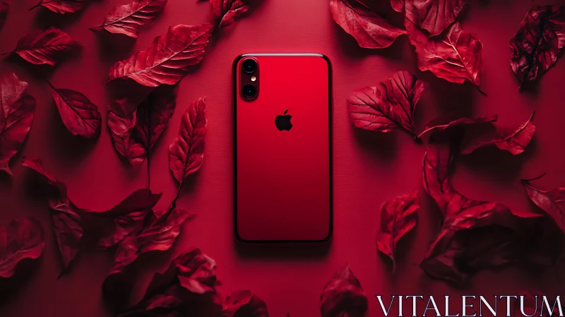 Crimson smartphone nestles among velvety autumn leaves.