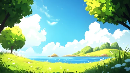 Serene Landscape with Lake, Trees, and Bright Sky