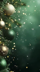 Golden and green Christmas ornaments glow in gentle light