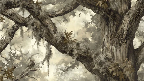 Moss covered tree trunk and branches fill the muted forest scene