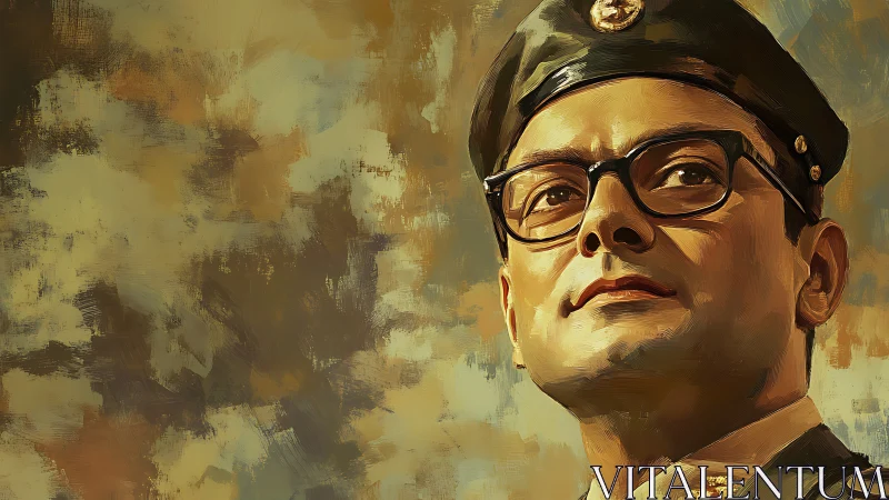 Military officer portrait in uniform against painted backdrop.