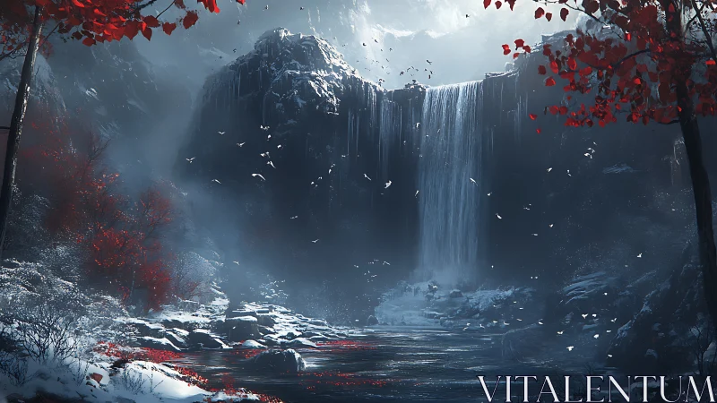 Winter gorge waterfall with red foliage and misty basin.