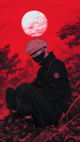 Masked anime loner under large red moon at dusk.
