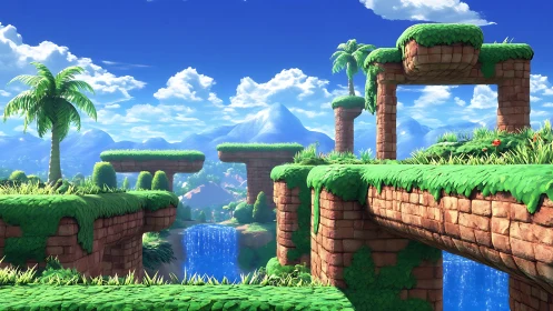 Segmented grassy plateaus with stylized stone terraces.