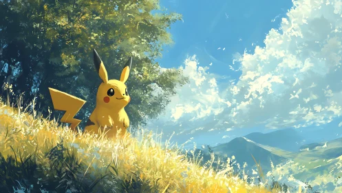 Electric creature surveying luminant meadow under cumulus sky.