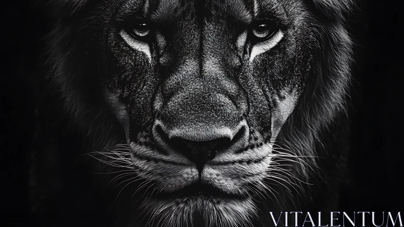 Brooding lion portrait in dramatic monochrome close-up.