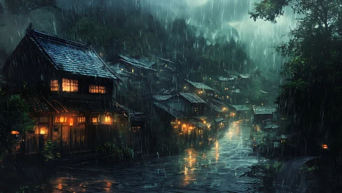 Rain-soaked mountain village street shows illuminated wooden houses