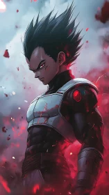 Armored anime warrior amid rising red energy storm.