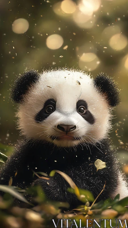 Gentle baby panda gazes softly amid warm forest light