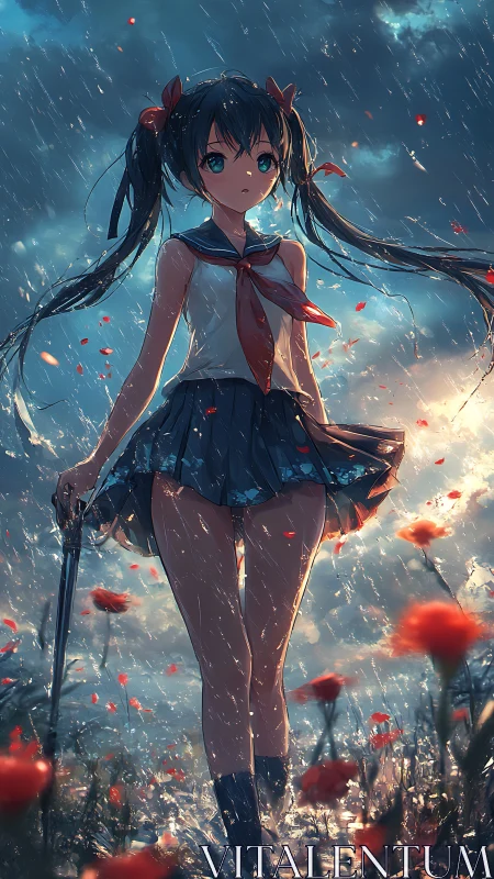 Stormlit schoolgirl amid crimson poppy field in rainstorm.