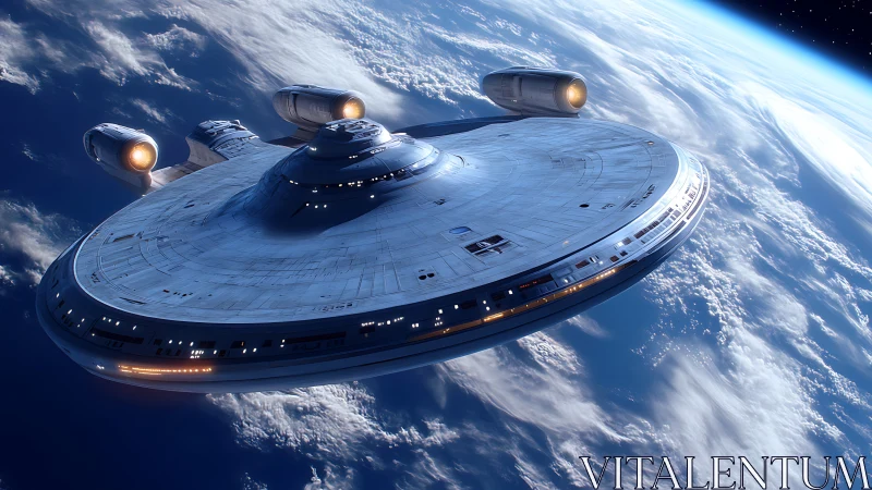 High-orbit saucer-type starship with triple engine nacelles