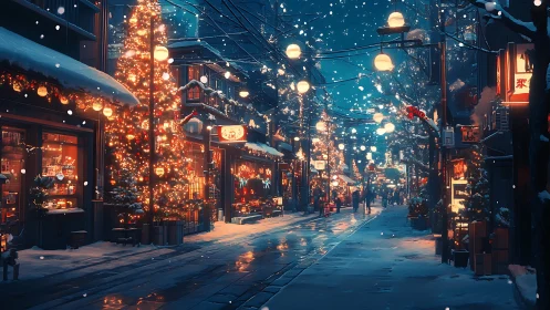 Snow-covered urban street shows dense seasonal lighting display