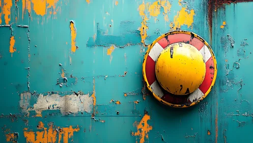 Rust-kissed teal wall crowns a bold yellow lifebuoy circle