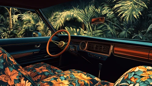 Vintage car interior with tropical floral seats and jungle view.