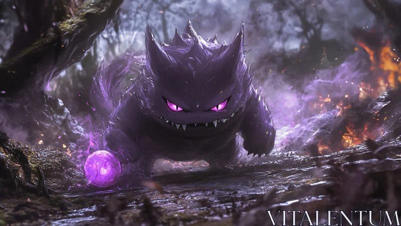 Gengar holds glowing orb while advancing through burning forest
