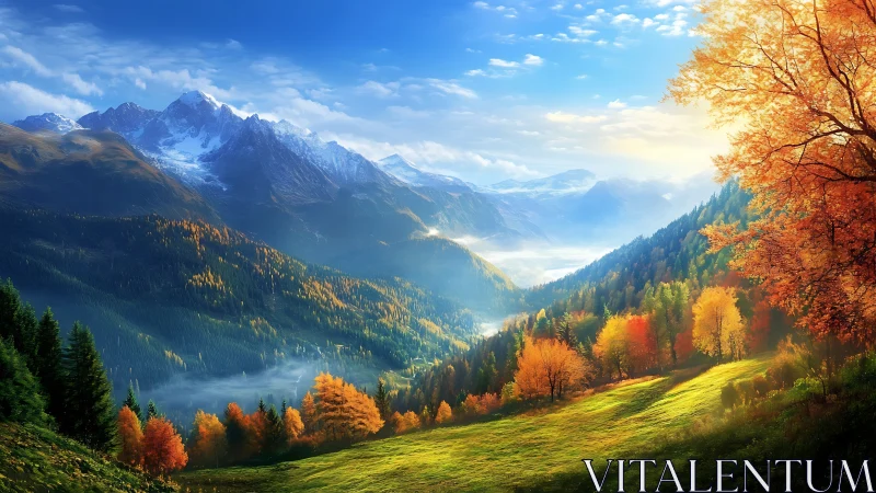 Autumn valley glows beneath sunlit snowcapped mountains.