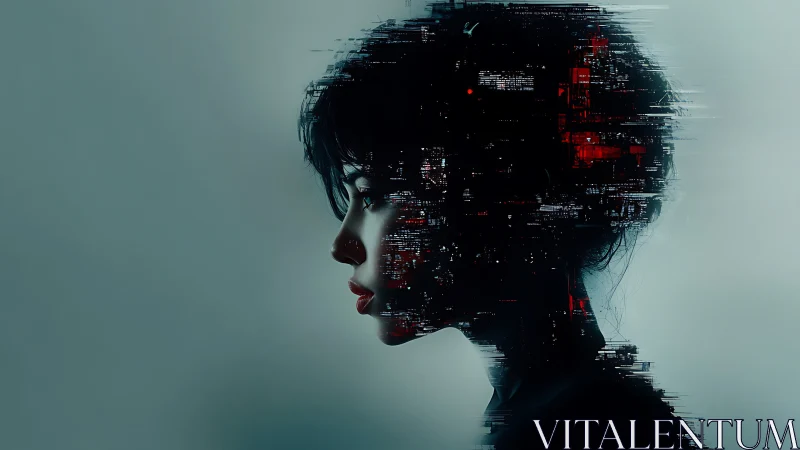 Cybernetic female profile merges with glitching data cloud