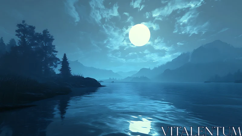 Lunar-illuminated lacustrine valley rendered in blue monochrome