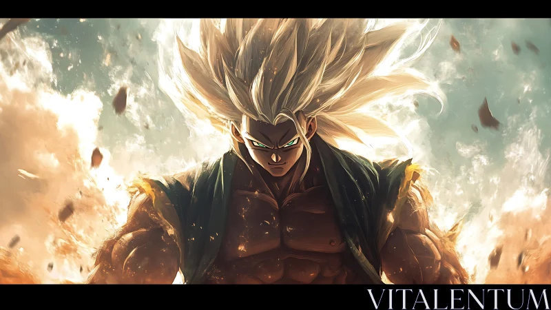 Ultra-powered warrior amid explosive golden energy storm.