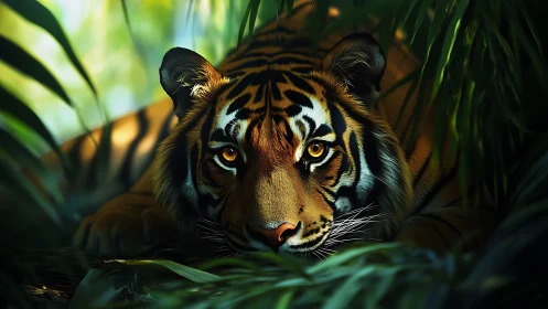 Jungle shadows hush while a tiger’s golden gaze waits