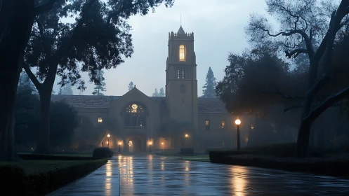 Gothic collegiate bell tower at dusk in rainy, mist-filled quad