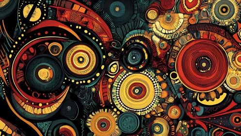 Radial techno-organic vortex with concentric chromatic microforms.