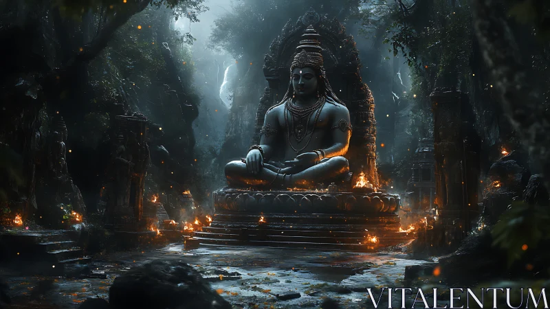 Mystic jungle shrine with serene stone deity in soft firelight.