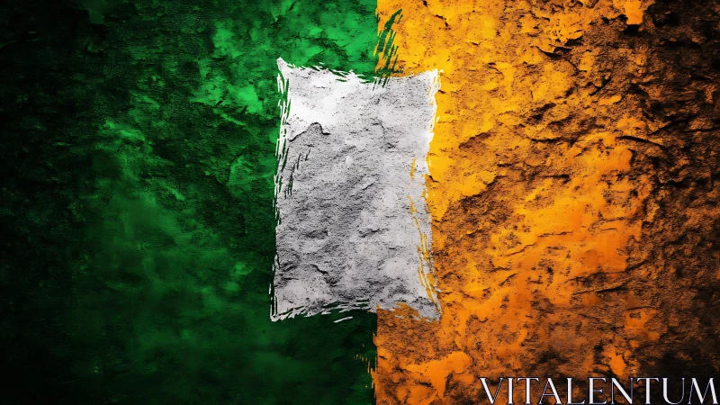 Textured tricolor flag mural on rough stone wall surface.