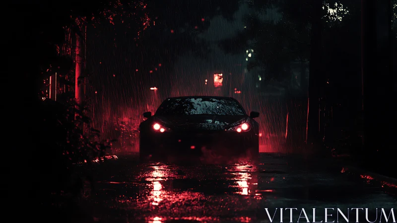 Car cuts through neon rain on dark city street