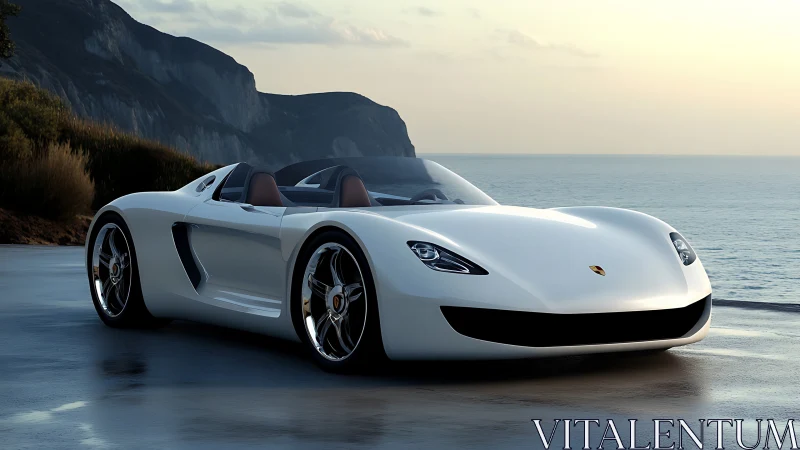 Sleek white roadster rests by a calm ocean at sunset