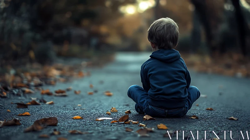 Lonely child on autumn road with fallen leaves at dusk.