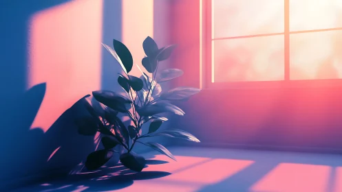 Digital painting of sunlit corner plant in soft neon gradients.