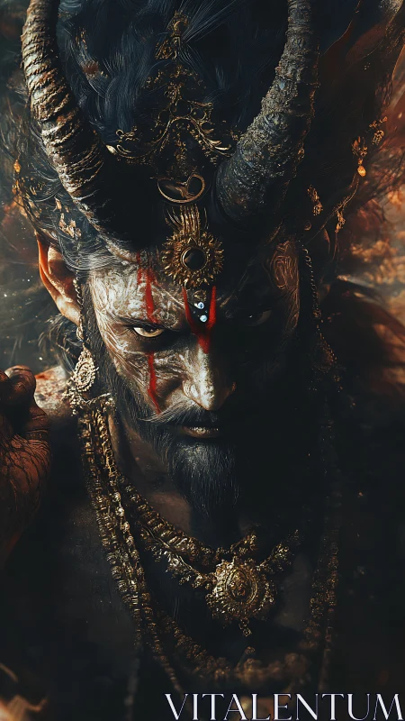 Infernal horned demigod portrait with ritualistic gold regalia.