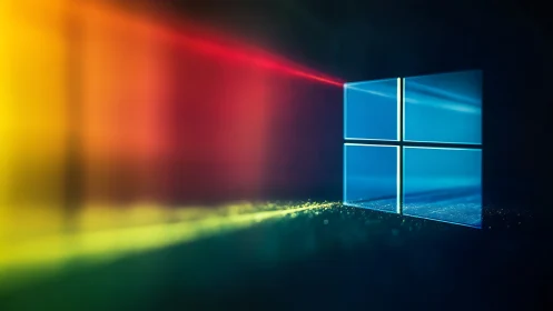 Windows-style glass logo with colored light beams.