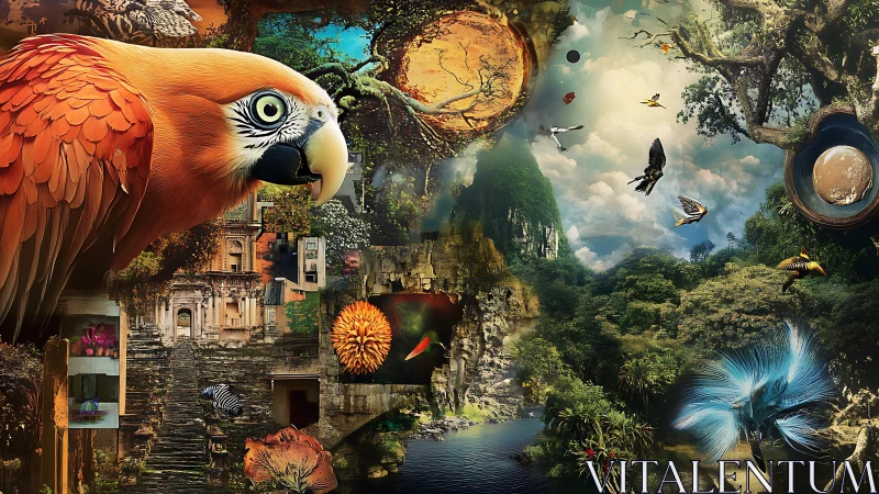 Parrot dreams stitch jungle ruins into a soaring sky collage