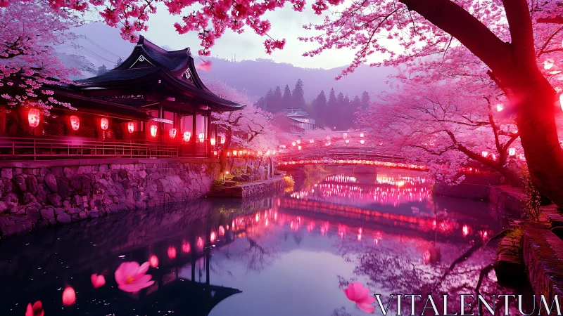 Twilight cherry blossom river shrine with glowing lanterns.