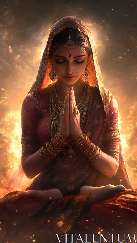 Ember-veiled devotee in radiant saffron-lit meditation.