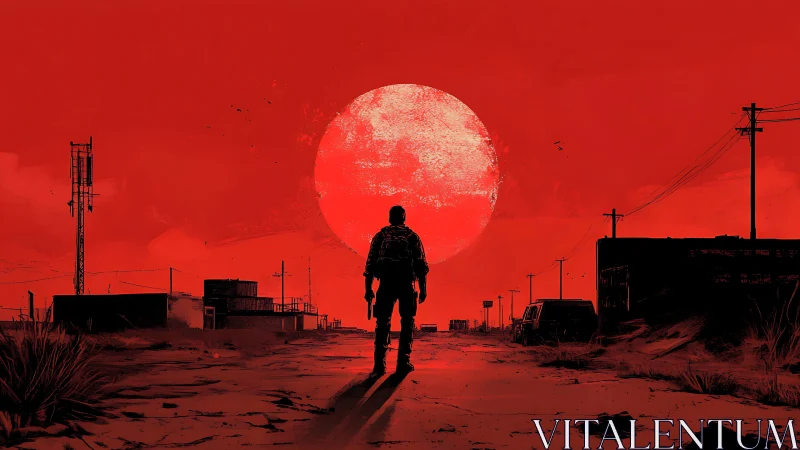 Lone wanderer beneath vast red apocalypse sunscape.