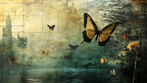 Butterflies over textured waterscape with distant skyline.
