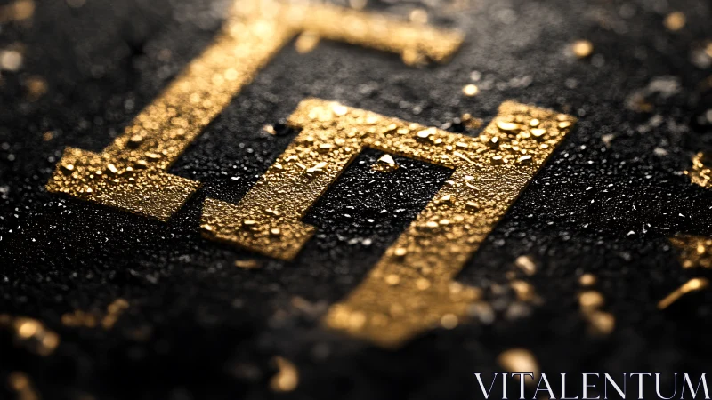 Golden textured logo letters gleam on wet black surface.