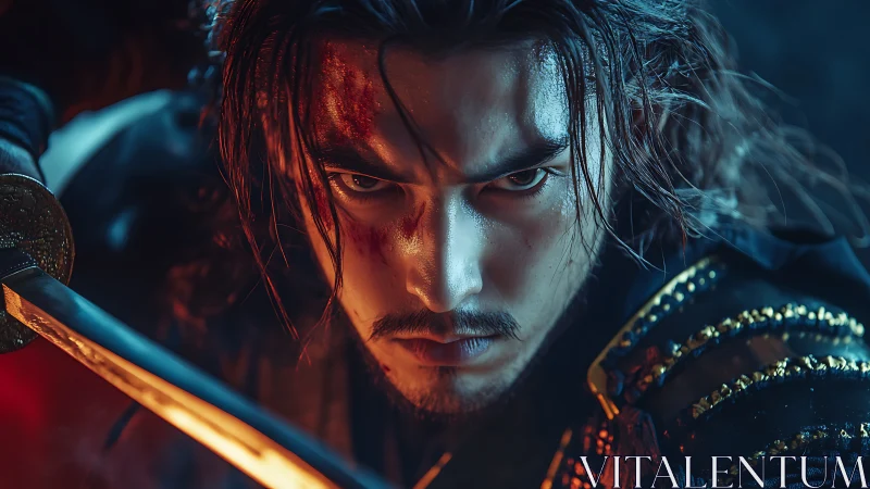 Battle worn samurai warrior with sword in intense close focus.