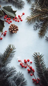 Cozy winter greenery and berries framing a snowy moment.