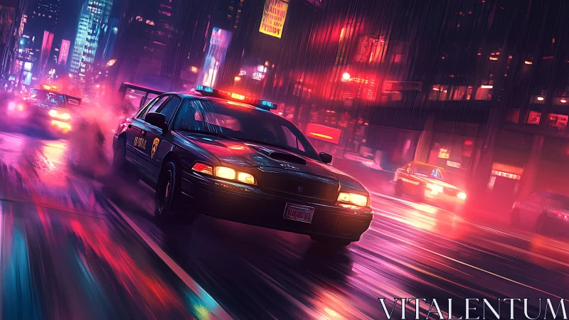 Neon-soaked police pursuit races through rainy city streets.