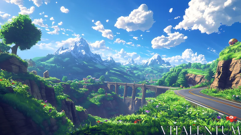 Panoramic alpine valley with viaduct and curving roadway.