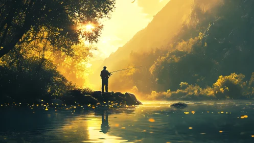 Backlit angler silhouette in high contrast river valley haze