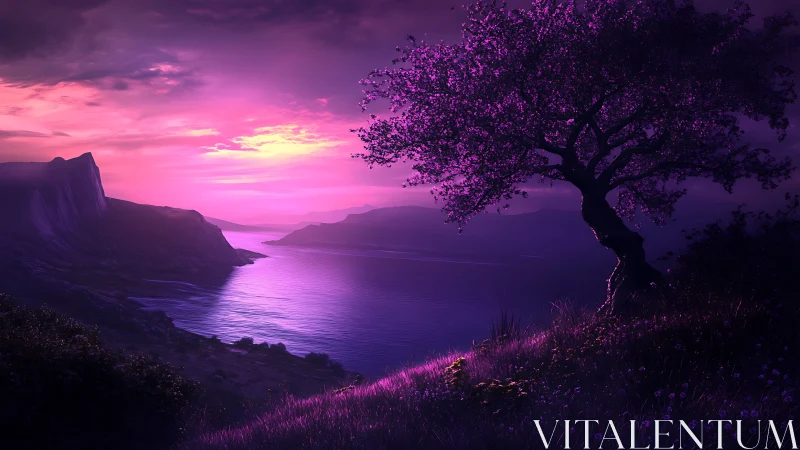 Twilight blossom tree watching over a calm violet bay.